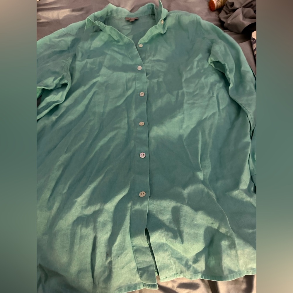J Jill love linen Womens sea green Button Up Long Sleeve shirt size M